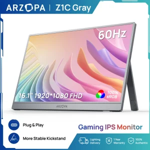 ARZOPA 16.1 inch 1080P Gaming Mobile Portable Monitor IPS PC accessories Monitor External Display for Switch/PS4/LAPTOP Z1C GREY