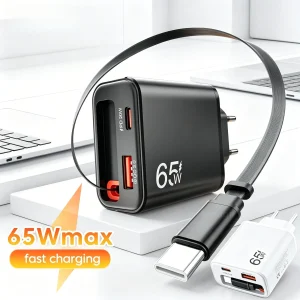 USB 65W Charger Multi Port QC3.0 Fast Charging Wall Adapter With Retractable Type C Cable Charger For iPhone Xiaomi POCO Samsung