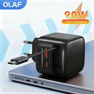 90W USB Type C Phone Charger with Retractable Type C Cable PD USB C Fast charger Adapter For iPhone Xiaomi Huawei Type C Charger