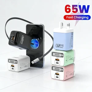 65W USB Type C Fast Charger with Type-C Retractable Cable 3 IN 1 PD QC3.0 Fast Charging Adapter for iPhone Samsung Xiaomi Tablet