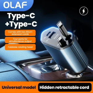 120W Max Car Charger Fast Charging USB Car Charger with Retractable Type C TO Type C/ ios Cable For IPhone 16 15 14 Samsung